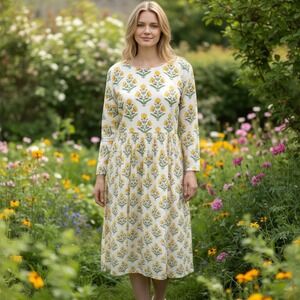 Kaantha Karma NWT SZ 1-2X cotton Vibrant Yellow & Green  block printed midi
